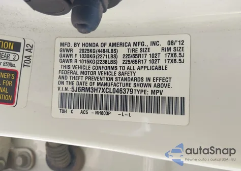 2012 Honda Cr-V Ex-L z USA, uszkodzony, nr VIN 5J6RM3H7XCL046379